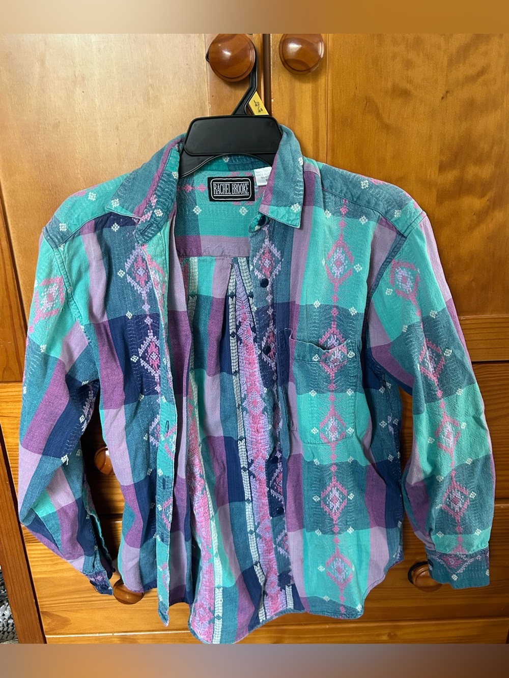 Vintage western Plaid Button-Down Shirt in Teal & Purple- 100% cotton